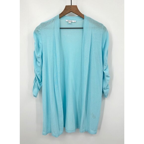 Chicos Rushed Sleeve Cardigan Women 0 Small Beach Aqua Sweater Sheer NWT - Picture 1 of 9